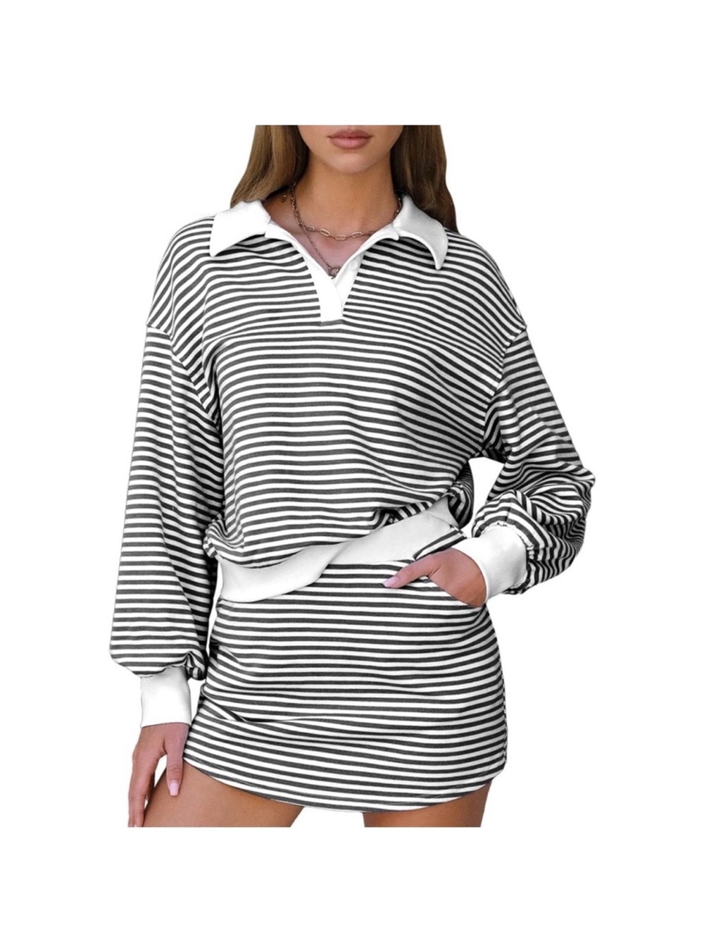 EXLURA striped sweatshirt two-piece matching skort set - XL